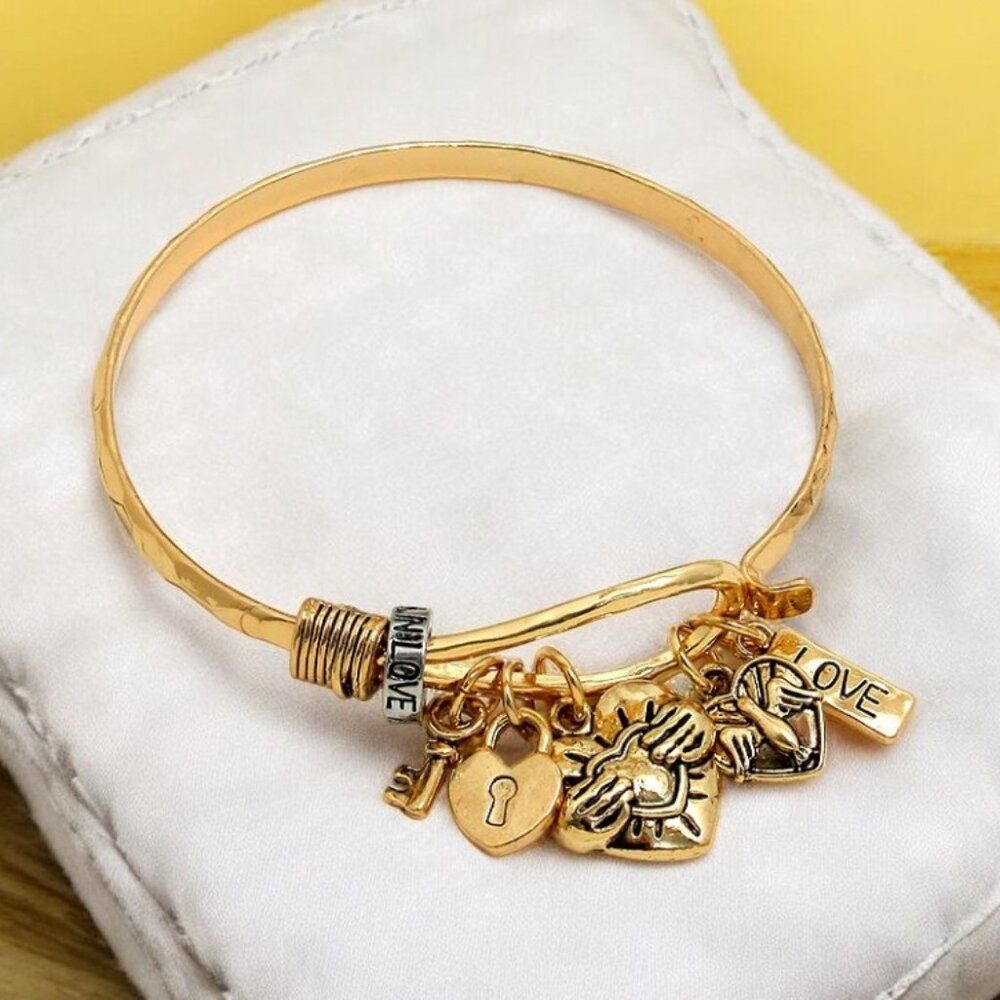 Antique Gold "Love" Claddagh & Heart Key Charm Hook Bracelet